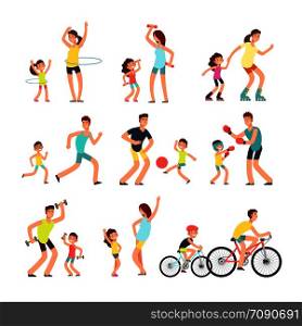 Happy sport family. Mom, dad with kids doing sports exercises outdoor. Parents and children in fitness activity Vector people active with children illustration. Happy sport family. Mom, dad with kids doing sports exercises outdoor. Parents and children in fitness activity vector people isolated