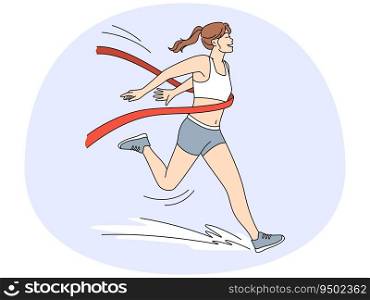 Happy sportswoman in uniform running finish first in race. Smiling female athlete win in competition. Sport and leadership, vector illustration.. Happy female athlete finish first