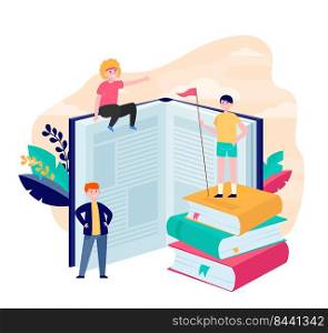 Happy sporty readers among books. Student standing on stack of books, getting knowledge, studying  flat vector illustration. Library, education concept for banner, website design or landing web page