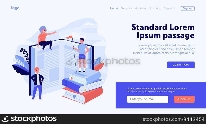 Happy sporty readers among books. Student standing on stack of books, getting knowledge, studying  flat vector illustration. Library, education concept for banner, website design or landing web page