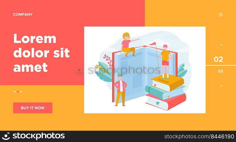 Happy sporty readers among books. Student standing on stack of books, getting knowledge, studying  flat vector illustration. Library, education concept for banner, website design or landing web page