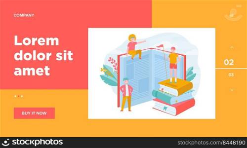 Happy sporty readers among books. Student standing on stack of books, getting knowledge, studying  flat vector illustration. Library, education concept for banner, website design or landing web page