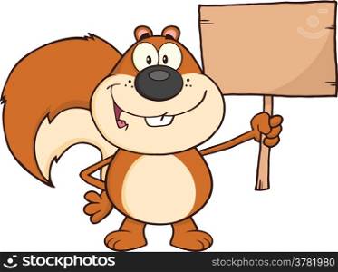 Happy Squirrel Cartoon Mascot Character Holding A Wooden Board