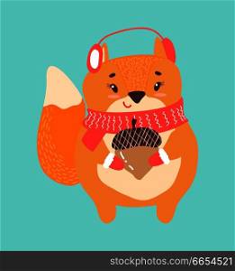 Happy squirrel with acorn icon isolated on white background. Vector illustration with cute orange animal with fur headphones and knitted scarf. Happy Squirrel with Acorn Icon Vector Illustration