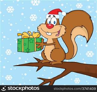 Happy Squirrel With Santa Hat Holding A Gift In The Snow