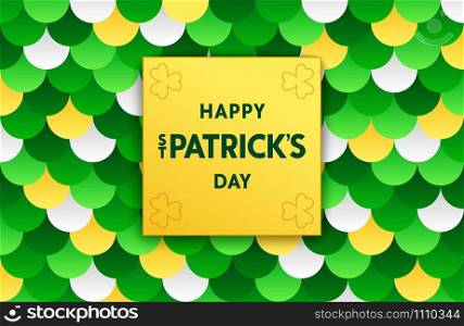 Happy St. Patrick&rsquo;s day. Bright festive banner with label on merry pattern background. Irish holiday template. Vector illustration . Happy St. Patrick&rsquo;s day. Bright festive banner with label on merry pattern background. Vector illustration