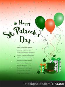 Happy St. Patrick&rsquo;s Day,colorful background with gift box,balloon,confetti and place for your text,vector illustration