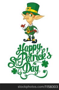 Happy St. Patrick&rsquo;s Day lettering design vector illustration with Leprechaun.
