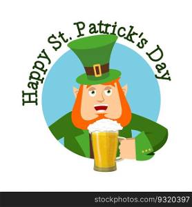 Happy St.Patrick ’s Day. Leprechaun and mug beer. Dwarf with red beard mug ale. Holiday in Ireland