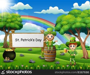 Happy St Patricks Day calebration with Leprechaun and pot of gold 