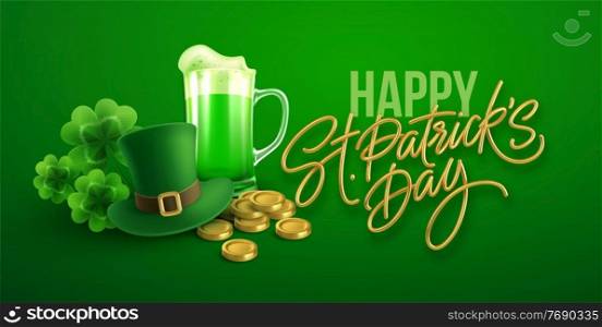 Happy St. Patricks Day greeting background for postcard, banner, poster. Leprechaun hat with clover leaves, green beer and gold coins. Vector illustration EPS10. Happy St. Patricks Day greeting background for postcard, banner, poster. Leprechaun hat with clover leaves, green beer and gold coins.