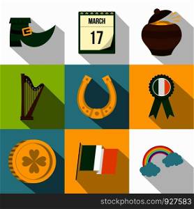 Happy St Patricks day icon set. Flat style set of 9 happy St Patricks day vector icons for web design. Happy St Patricks day icon set, flat style