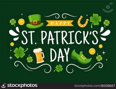 Happy St Patricks Day Illustration with Golden Coins, Green Hat, Beer Pub and Shamrock for Landing Page in Flat Cartoon Hand Drawn Templates