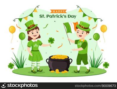 Happy St Patricks Day Illustration with Kids, Golden Coins, Green Hat, Leprechauns and Shamrock in Flat Cartoon Hand Drawn for Landing Page Templates