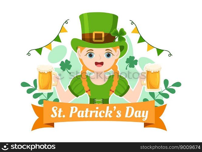 Happy St Patricks Day Illustration with Kids, Golden Coins, Green Hat, Leprechauns and Shamrock in Flat Cartoon Hand Drawn for Landing Page Templates