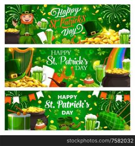 Happy St. Patricks day lettering and Irish spring holiday attributes. Vector leprechaun in green costume and glass of beer, money rain and fireworks. Bagpipe, harp and beer, treasures pot of gold. Irish spring holiday symbols Patricks day greeting
