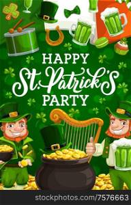 Happy St. Patricks day smiling leprechauns in green suits. Vector bearded gnomes, wealthy dwarfs drinking beer and celebrating Irish holiday. Drum and harp, flag of Ireland, lucky horseshoe. Leprechaun, gold and Irish flag. St. Patricks day
