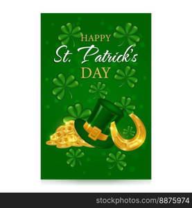 Happy St. Patricks Day template. Festive design for greeting card, flyer, poster, banner. Gold shamrock, horseshoe, Leprechaun hat, cauldron with gold coins. Vector illustration.. Happy St. Patricks Day template. Festive design