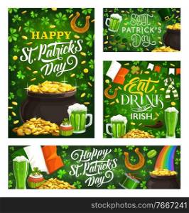 Happy St Patricks Day vector green symbols of Irish religion holiday. Vector lettering and leprechauns scarf and hat, smoking pipe. Flag of Ireland, pot of gold and rainbow, golden harp and beer mug. Irish holiday St. Patricks day symbols, lettering