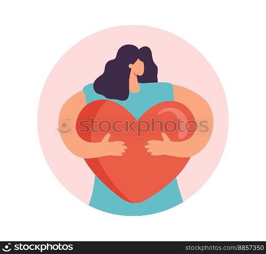 Happy St Valentine day vector greeting card. Happy woman with big pink hugging heart. illustration with dreaming girl in love in the form of a circle sticker. Gentle self-care people. Love yourself. Flyer concept.. Happy St Valentine day vector greeting card. Happy woman with big pink hugging heart. illustration with dreaming girl in love in the form of a circle sticker. Gentle self-care people. Love yourself. Flyer concept