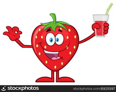 Happy Strawberry Fruit Cartoon Mascot Character Presenting And Holding Up A Glass Of Juice. Illustration Isolated On White Background