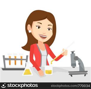 Happy student carrying out laboratory experiment. Student working with microscope at laboratory class. Student experimenting in laboratory. Vector flat design illustration isolated on white background. Student working at laboratory class.