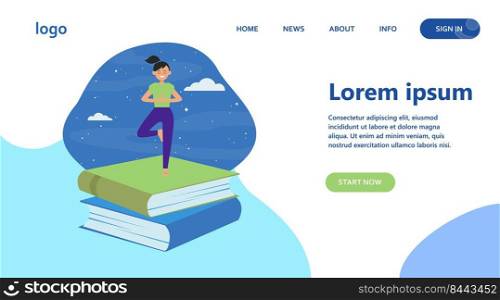 Happy student girl doing yoga. Stack of books, night sky, tree pose flat vector illustration. Meditation, relaxation, balance concept for banner, website design or landing web page