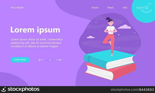 Happy student girl doing yoga. Stack of books, night sky, tree pose flat vector illustration. Meditation, relaxation, balance concept for banner, website design or landing web page