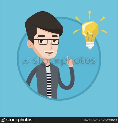 Happy student pointing at the idea bulb. Young excited male student with bright idea bulb. Smiling student having a great idea. Vector flat design illustration in the circle isolated on background.. Student pointing at light bulb vector illustration