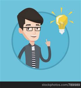 Happy student pointing at the idea bulb. Young excited male student with bright idea bulb. Smiling student having a great idea. Vector flat design illustration in the circle isolated on background.. Student pointing at light bulb vector illustration