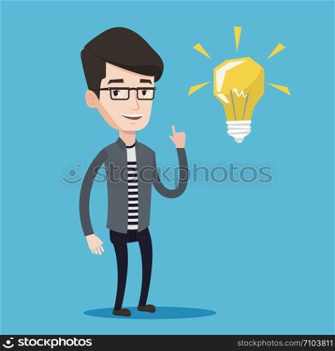 Happy student pointing his finger up at the light bulb. Young excited male student with bright light bulb. Smiling student having a great idea. Vector flat design illustration. Square layout.. Student pointing at light bulb vector illustration