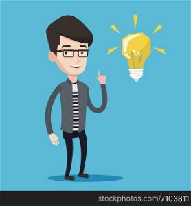 Happy student pointing his finger up at the light bulb. Young excited male student with bright light bulb. Smiling student having a great idea. Vector flat design illustration. Square layout.. Student pointing at light bulb vector illustration