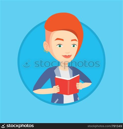 Happy student reading a book. Student reading a book and preparing for exam. Student holding a book in hands. Concept of education. Vector flat design illustration in the circle isolated on background. Student reading book vector illustration.