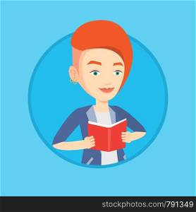 Happy student reading a book. Student reading a book and preparing for exam. Student holding a book in hands. Concept of education. Vector flat design illustration in the circle isolated on background. Student reading book vector illustration.