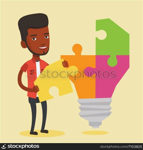 Happy student standing near the idea bulb. An african-american student takes apart idea light bulb made of puzzle. Smiling student having a great idea. Vector flat design illustration. Square layout.. Student with lightbulb vector illustration.