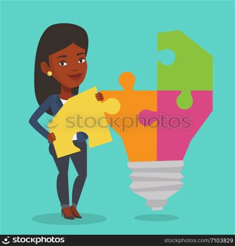 Happy student standing near the idea bulb. An african-american student takes apart idea light bulb made of puzzle. Smiling student having a great idea. Vector flat design illustration. Square layout.. Student with idea lightbulb vector illustration.