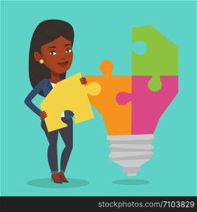 Happy student standing near the idea bulb. An african-american student takes apart idea light bulb made of puzzle. Smiling student having a great idea. Vector flat design illustration. Square layout.. Student with idea lightbulb vector illustration.