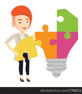 Happy student standing near the idea bulb. Female student takes apart idea light bulb made of puzzle. Smiling student having a great idea. Vector flat design illustration isolated on white background.. Student with idea lightbulb vector illustration.