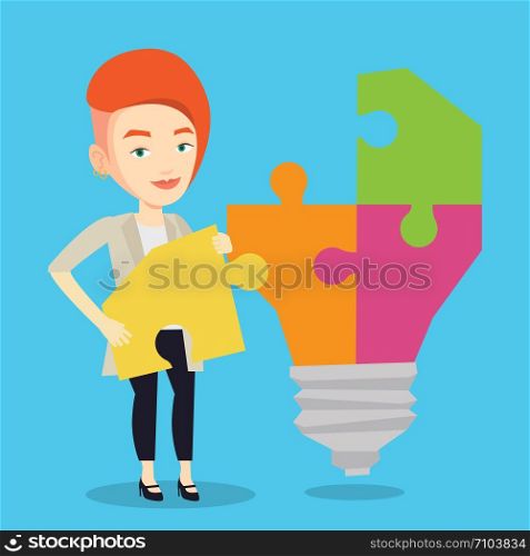 Happy student standing near the idea bulb. Young excited female student takes apart idea light bulb made of puzzle. Smiling student having a great idea. Vector flat design illustration. Square layout.. Student with idea lightbulb vector illustration.