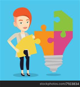 Happy student standing near the idea bulb. Young excited female student takes apart idea light bulb made of puzzle. Smiling student having a great idea. Vector flat design illustration. Square layout.. Student with idea lightbulb vector illustration.