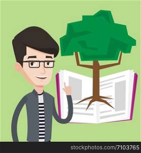 Happy student standing on the background of tree growing from open book. Cheerful student pointing at tree of knowledge. Concept of education. Vector flat design illustration. Square layout.. Student pointing at tree of knowledge.
