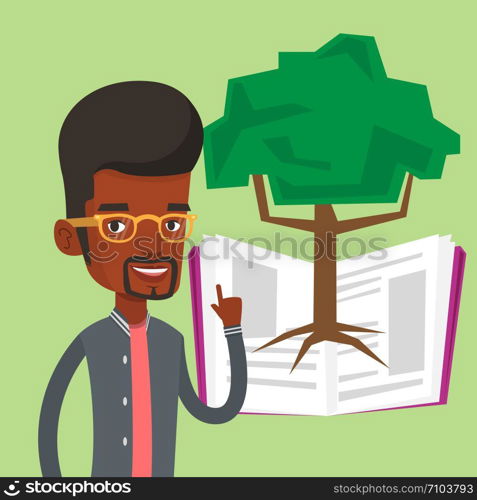 Happy student standing on the background of tree growing from open book. An african-american student pointing at tree of knowledge. Concept of education. Vector flat design illustration. Square layout. Student pointing at tree of knowledge.