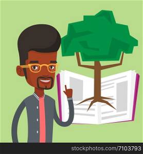 Happy student standing on the background of tree growing from open book. An african-american student pointing at tree of knowledge. Concept of education. Vector flat design illustration. Square layout. Student pointing at tree of knowledge.