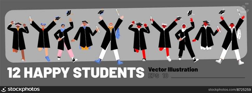 Happy students, college or university graduates jump and throw up diploma scrolls and graduation caps in air. Diverse young people in academic gowns, vector flat colored and black, white and red set. Happy students, university graduates jump