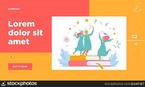 Happy students graduating with academic diploma flat vector illustration. Cartoon girls and guy celebrating graduation from university or college. Education and learning concept