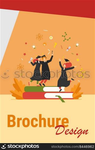 Happy students graduating with academic diploma flat vector illustration. Cartoon girls and guy celebrating graduation from university or college. Education and learning concept