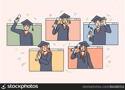 Happy students in mantles celebrate college graduation with online studying. Smiling graduates excited about university finish. Remote education concept. Vector illustration.. Happy students graduate online