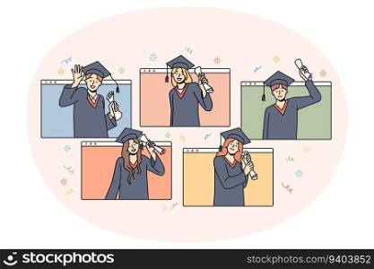 Happy students in mantles celebrate college graduation with online studying. Smiling graduates excited about university finish. Remote education concept. Vector illustration.. Happy students graduate online
