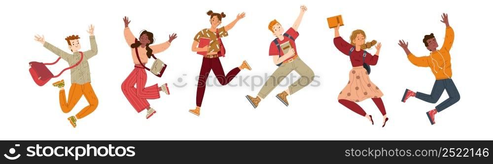 Happy students jump and joy. Group of diverse young people with books and bags have fun together. Vector flat illustration of jumping teens isolated on white background. Happy students jump and joy