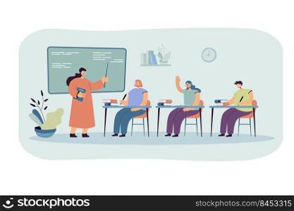 Happy students learning in college flat vector illustration. Cartoon young characters sitting at lesson in classroom and listening teacher. Study and school education concept
